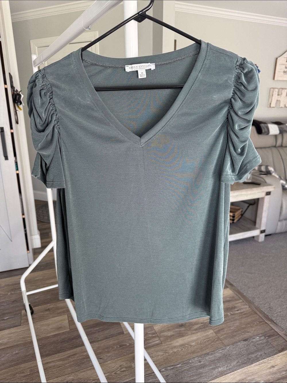 Green Envelope Sage Green V-Neck Ruched Short Sleeve Top